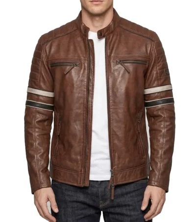 Mens Cognac Brown Cafe Racer Leather Jacket with Dual Stripes