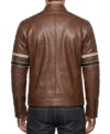 Mens Cognac Brown Cafe Racer Leather Jacket with Dual Stripes back full view