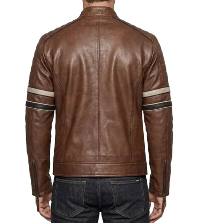 Mens Cognac Brown Cafe Racer Leather Jacket with Dual Stripes back full view