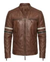 Mens Cognac Brown Cafe Racer Leather Jacket with Dual Stripes front
