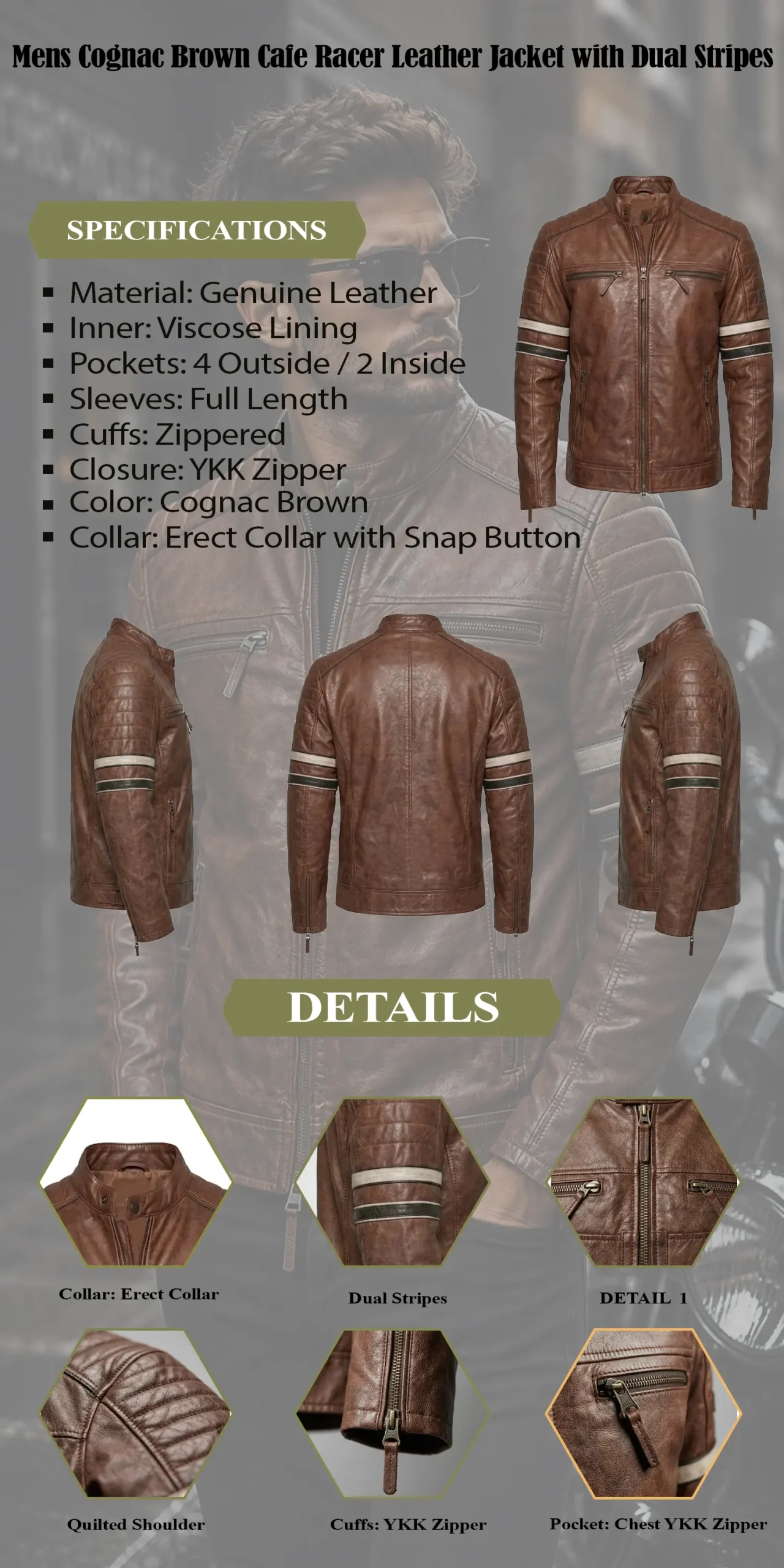 Mens Cognac Brown Cafe Racer Leather Jacket with Dual Stripes infographic