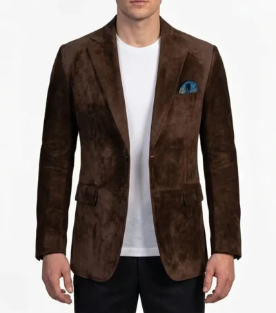 Mens Dark Brown Two Button Suede Blazer Sport Coat