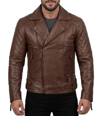 Mens Distressed Brown Quilted Biker Leather Jacket