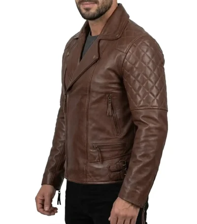 Mens Distressed Brown Quilted Biker Leather Jacket left side view