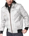 Mens Off White Hooded Leather Bomber Jacket