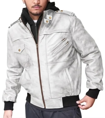 Mens Off White Hooded Leather Bomber Jacket