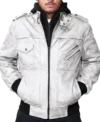 Mens Off White Hooded Leather Bomber Jacket front