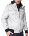 Mens Off White Hooded Leather Bomber Jacket front right side view