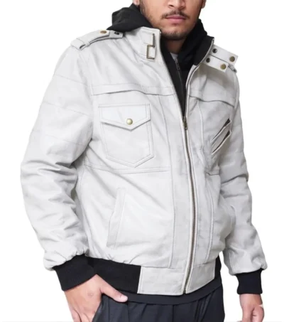 Mens Off White Hooded Leather Bomber Jacket front right side view