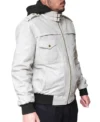 Mens Off White Hooded Leather Bomber Jacket side pose