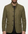 Mens Olive Green Stand Collar Suede Blazer