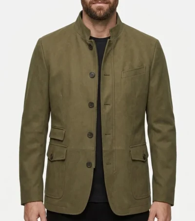 Mens Olive Green Stand Collar Suede Blazer