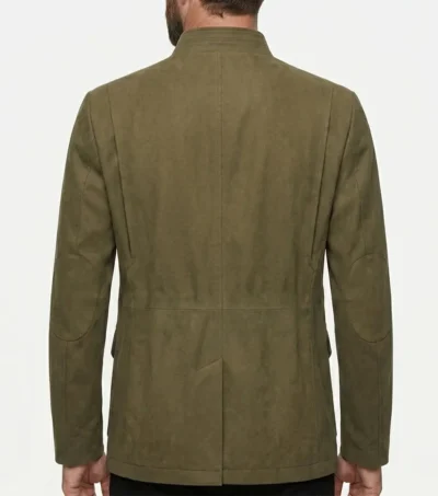 Mens Olive Green Stand Collar Suede Blazer back