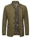 Mens Olive Green Stand Collar Suede Blazer front