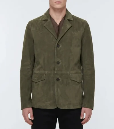 Mens Olive Green Western Yoke Suede Blazer Sport Coat