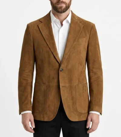 Mens Tan Brown Classic Two Button Patch Pocket Suede Blazer