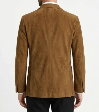 Mens Tan Brown Classic Two Button Patch Pocket Suede Blazer back