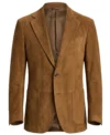 Mens Tan Brown Classic Two Button Patch Pocket Suede Blazer front