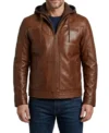 Mens Waxed Brown Removable Hood Leather Jacket