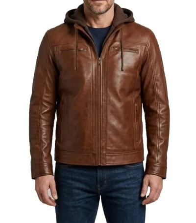 Mens Waxed Brown Removable Hood Leather Jacket