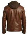 Mens Waxed Brown Removable Hood Leather Jacket back