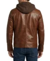 Mens Waxed Brown Removable Hood Leather Jacket back full view