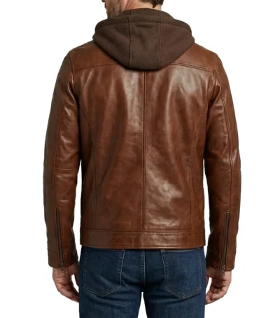 Mens Waxed Brown Removable Hood Leather Jacket back full view