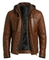 Mens Waxed Brown Removable Hood Leather Jacket front view