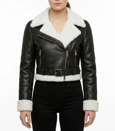 Womens Black Cropped Shearling Aviator Leather Jacket
