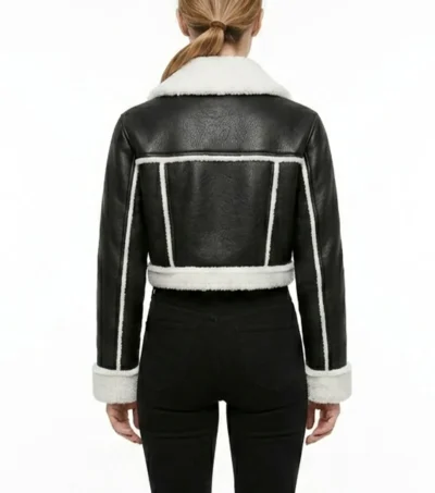 Womens Black Cropped Shearling Aviator Leather Jacket back