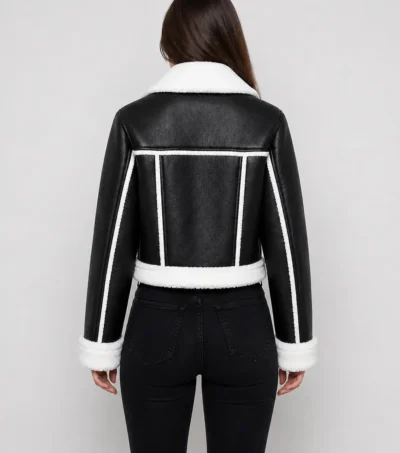 Womens Black Cropped Shearling Aviator Leather Jacket back view