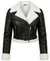 Womens Black Cropped Shearling Aviator Leather Jacket front