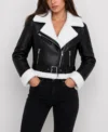 Womens Black Cropped Shearling Aviator Leather Jacket front view