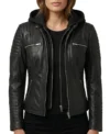 Womens Black Quilted Biker Leather Jacket with Removable Hood
