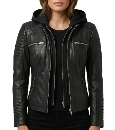 Womens Black Quilted Biker Leather Jacket with Removable Hood