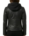 Womens Black Quilted Biker Leather Jacket with Removable Hood back full view