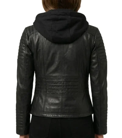 Womens Black Quilted Biker Leather Jacket with Removable Hood back full view