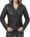 Womens Black Ribbed Quilted Biker Leather Jacket