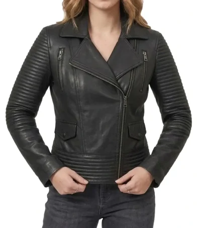 Womens Black Ribbed Quilted Biker Leather Jacket