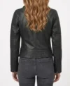 Womens Black Ribbed Quilted Biker Leather Jacket back view