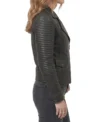 Womens Black Ribbed Quilted Biker Leather Jacket right side view