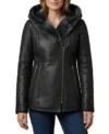 Womens Black Shearling Fur Hooded Long Leather Jacket