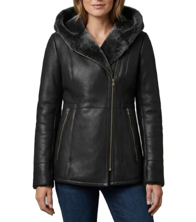 Womens Black Shearling Fur Hooded Long Leather Jacket