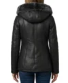Womens Black Shearling Fur Hooded Long Leather Jacket back