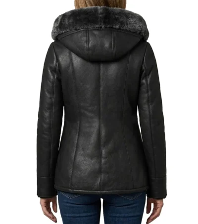 Womens Black Shearling Fur Hooded Long Leather Jacket back