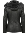 Womens Black Shearling Fur Hooded Long Leather Jacket back full view