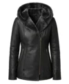 Womens Black Shearling Fur Hooded Long Leather Jacket front
