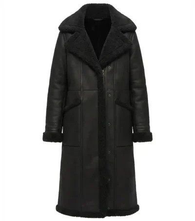 Womens Black Shearling Long Leather Coat