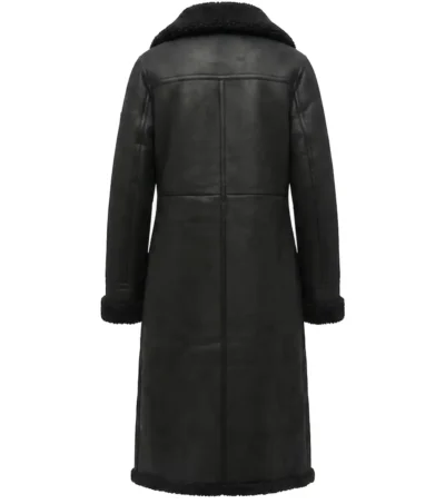 Womens Black Shearling Long Leather Coat back
