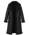 Womens Black Shearling Long Leather Coat front